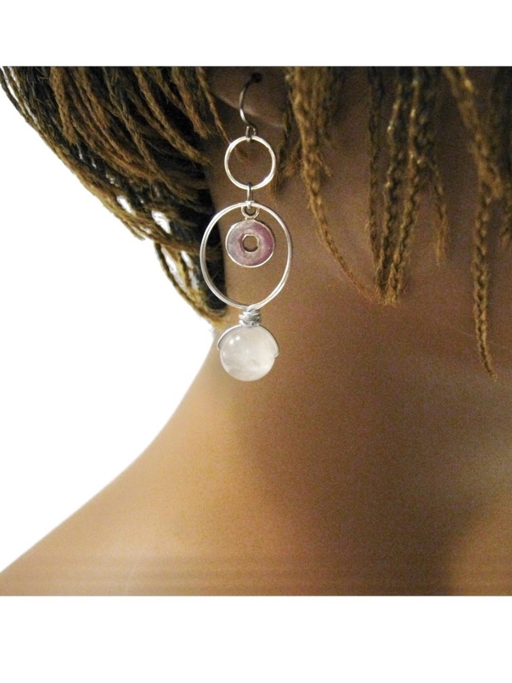 Genuine Quartz Silver Steel Hammered Hoop Gemtone Drop Earrings 1.5 inch